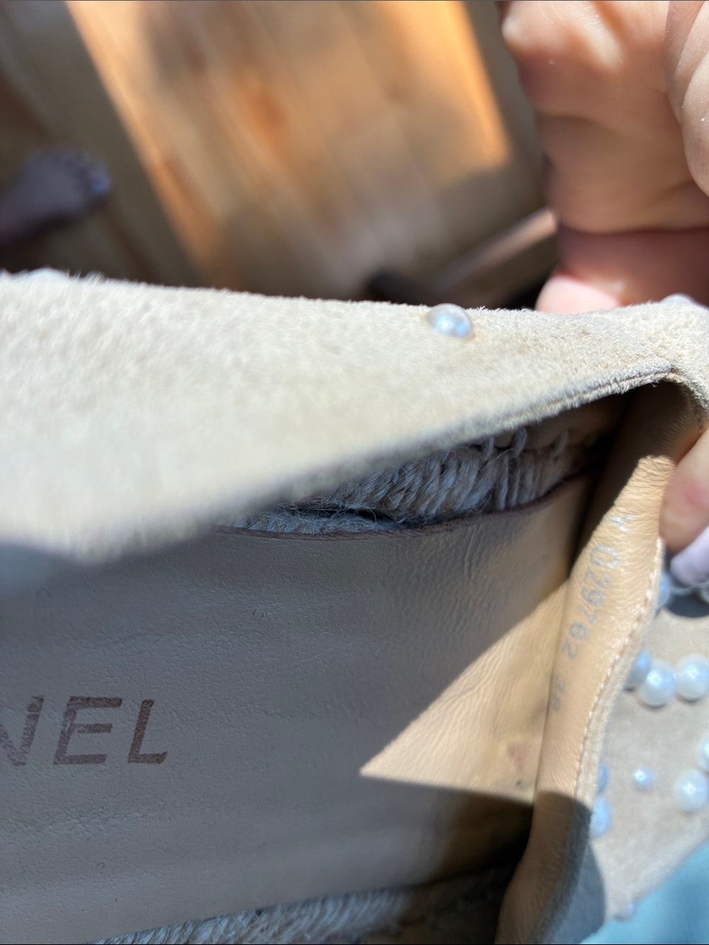 CHANEL Tan and Black Espadrilles with Pearl Detail - Picture 7 of 7